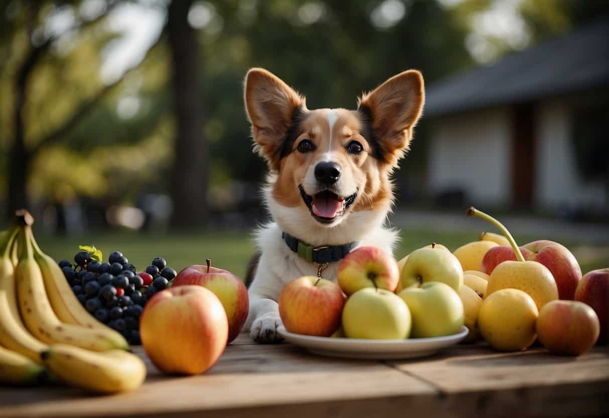 A dog happily eating a variety of fruits, such as apples, bananas, and berries, with a wagging tail and a content expression on its face
