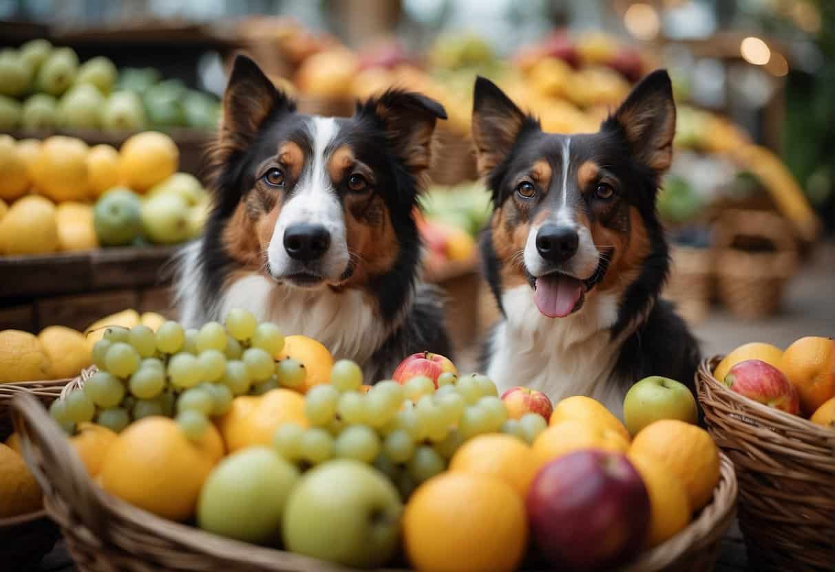 A dog surrounded by various fruits with a caution sign in the background