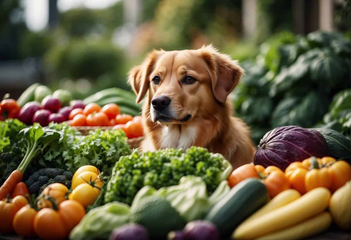 hund umgeben von einer vielzahl von gemüse