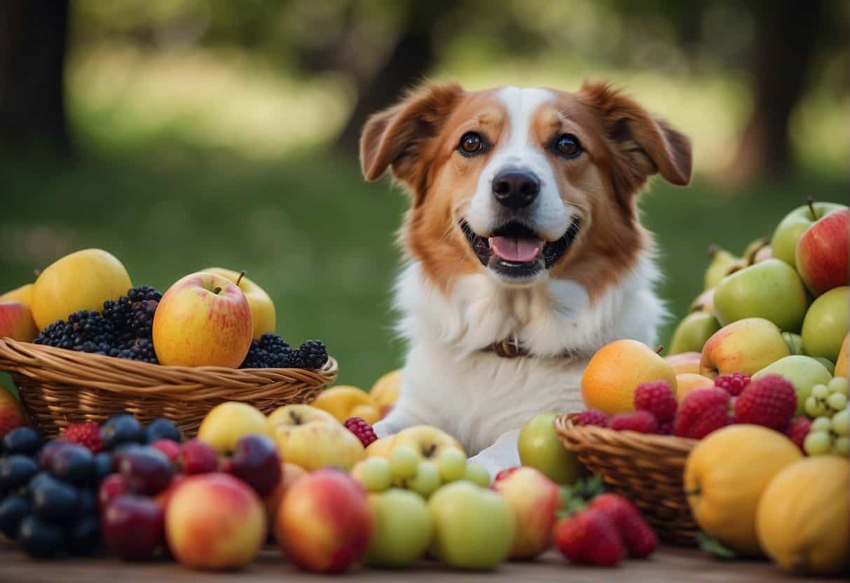 A dog happily munches on a variety of fruits, such as apples, bananas, and berries, while a pile of fruit peels and seeds lies nearby