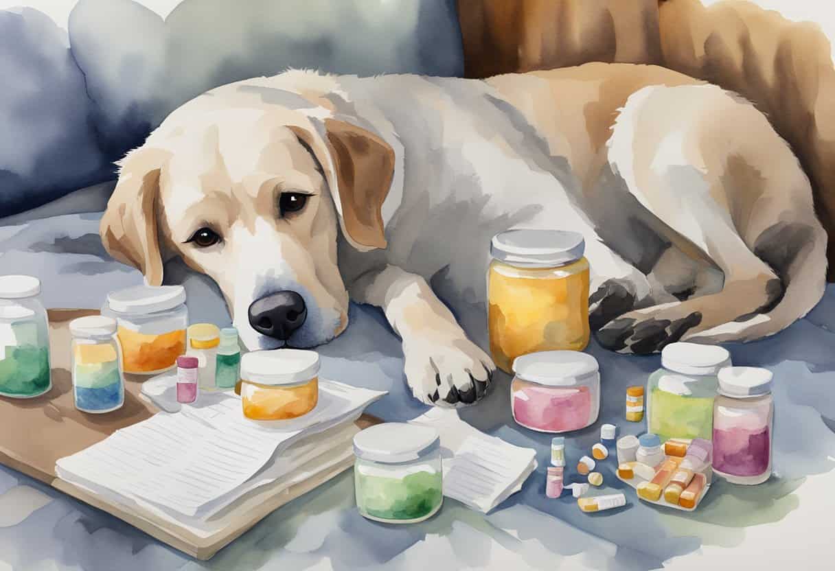 A senior dog lying on a soft bed, surrounded by various medications and supplements. A concerned owner looks over a list of common health issues for senior dogs