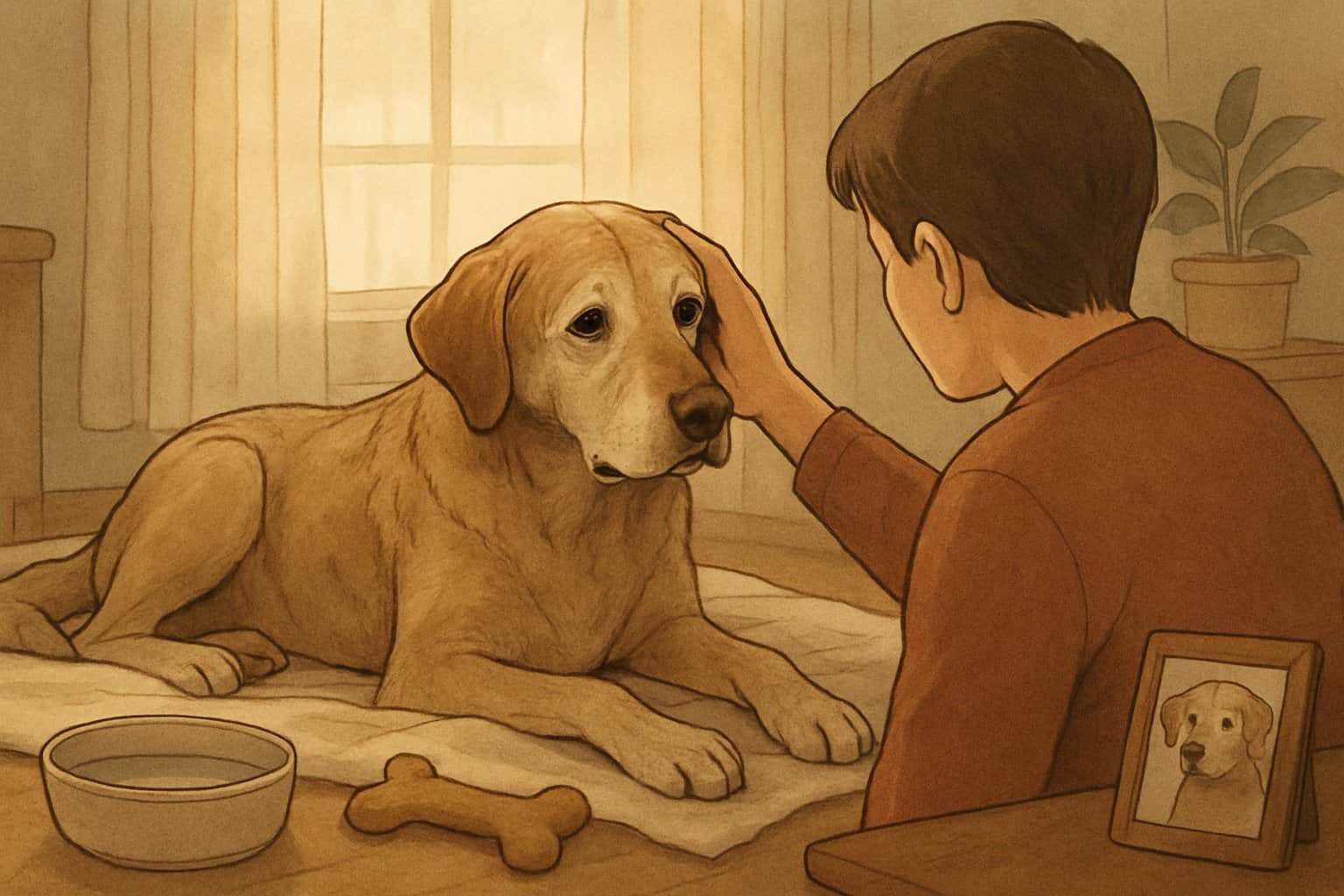Ein älterer Hund liegt auf einer Decke in einem gemütlichen Raum, während eine Person ihn sanft streichelt.