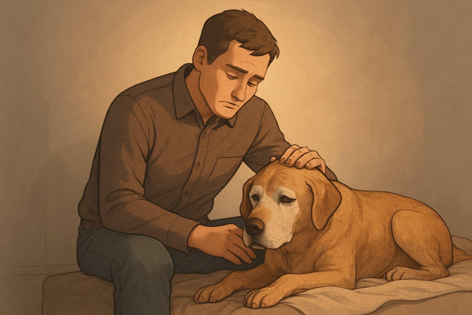Ein Hundebesitzer sitzt neben seinem älteren Hund, der auf einer Decke liegt, und streichelt ihn liebevoll in einem ruhigen Raum.