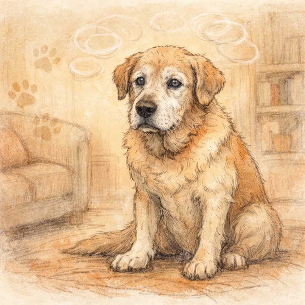 An elderly dog sitting quietly with a calm but slightly confused expression inside a cozy home setting.