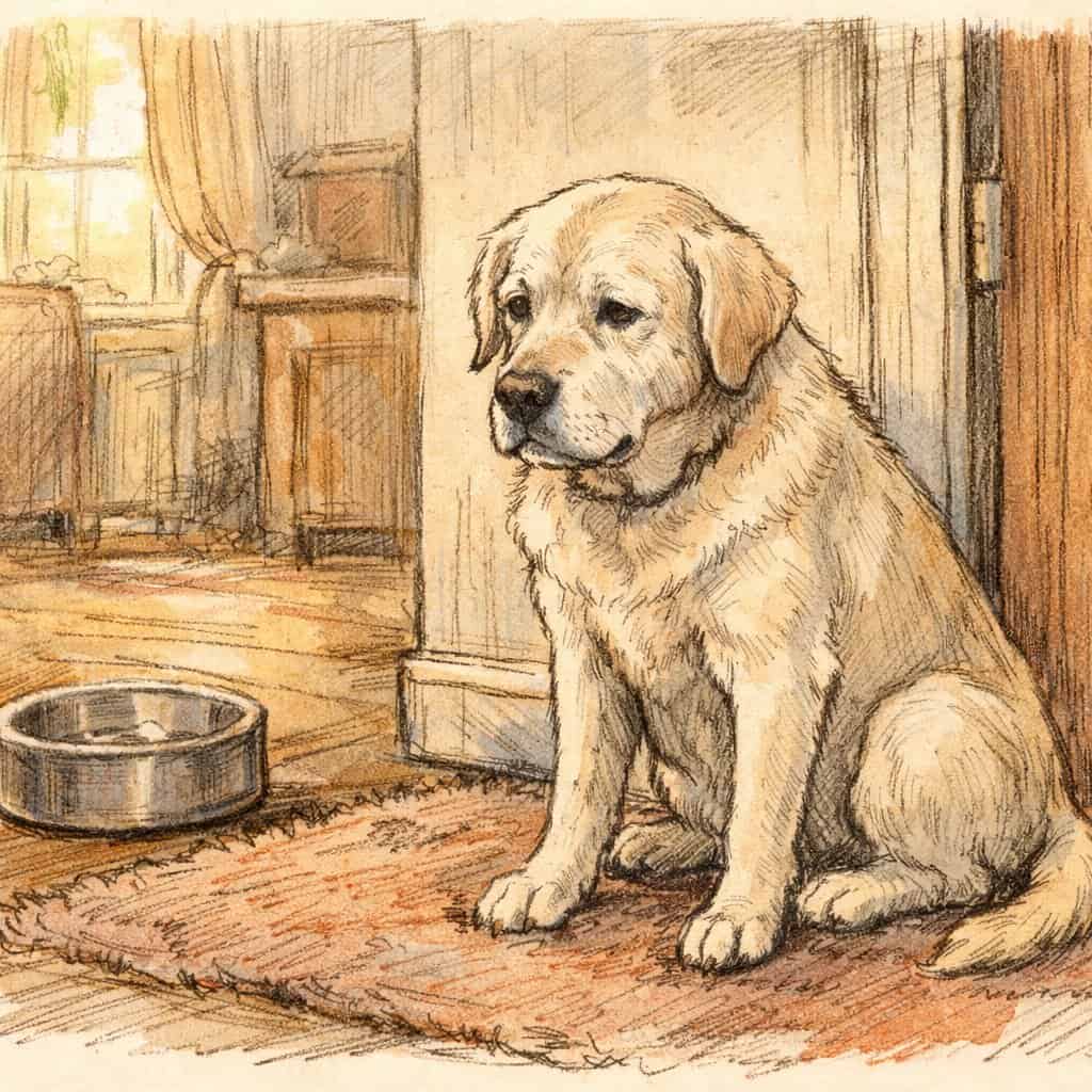 An elderly dog sitting quietly near a doorway in a cozy home, looking calm and less energetic.