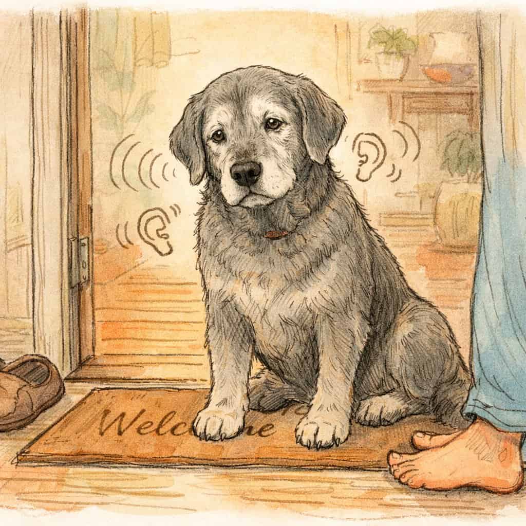 An elderly dog sitting quietly by a doorway in a cozy home, looking calm but less responsive as a person approaches to greet it.