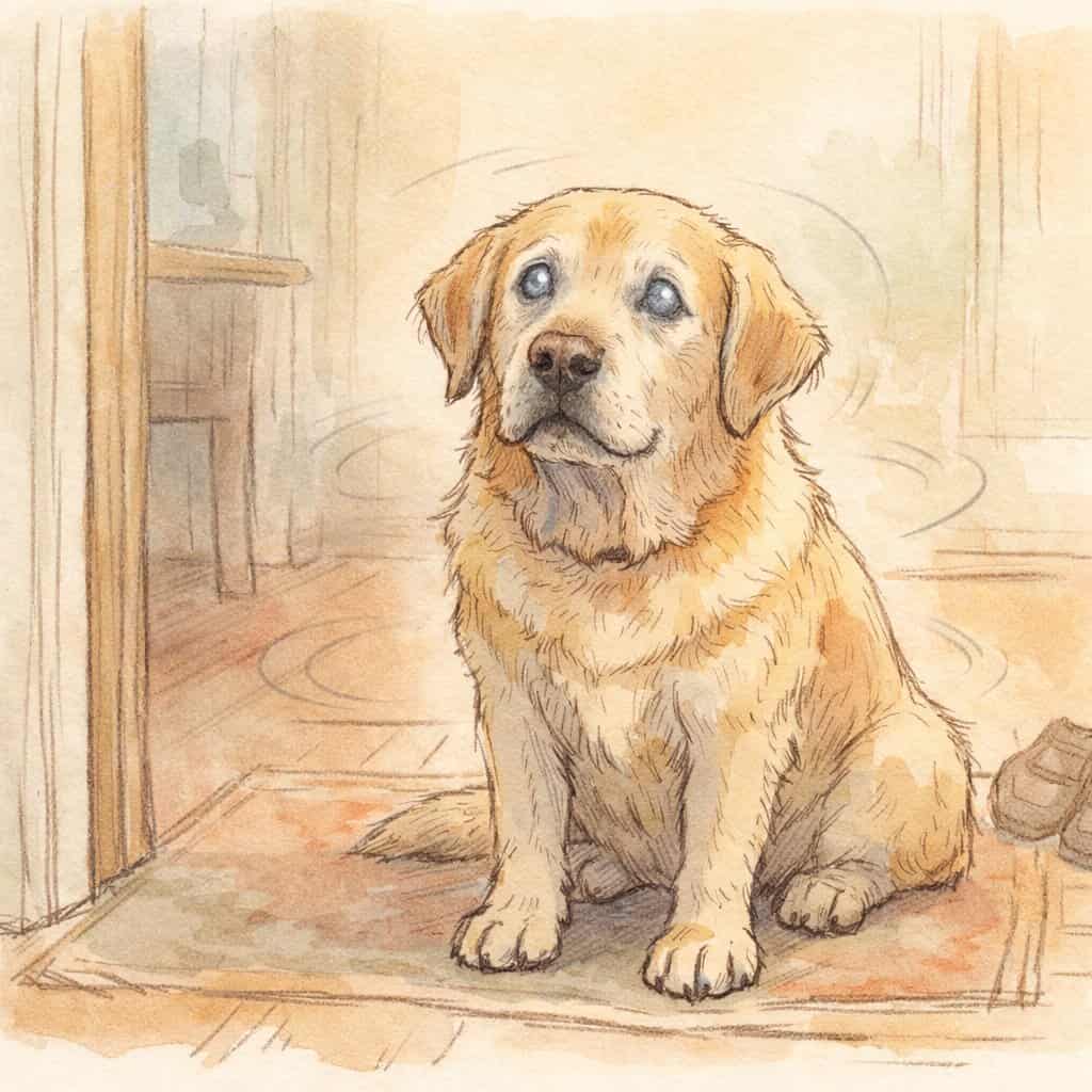 An elderly dog sitting calmly near a doorway, looking up with gentle, slightly cloudy eyes, inside a cozy home.