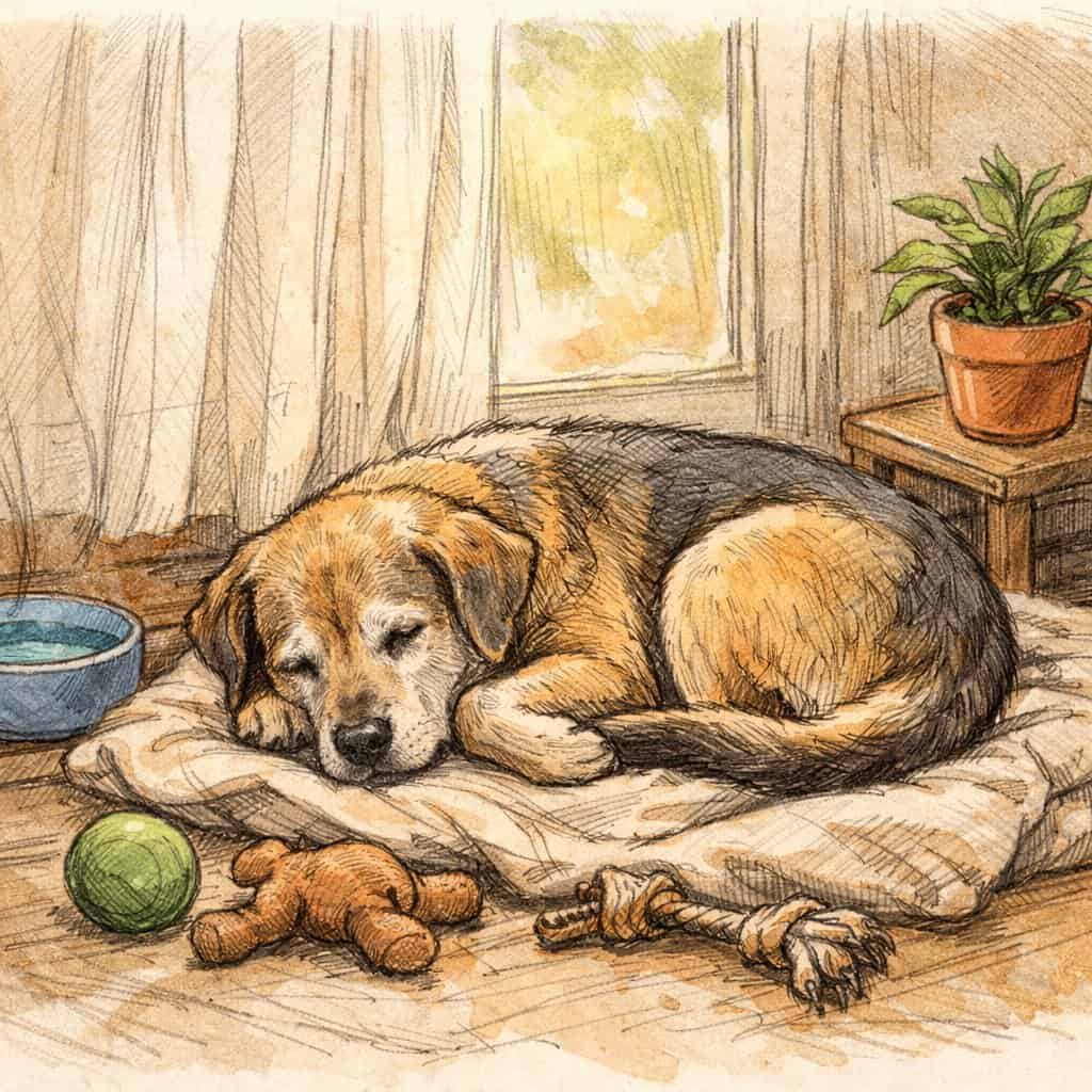 An older dog resting alone on a blanket near a window in a quiet, cozy corner of a home.