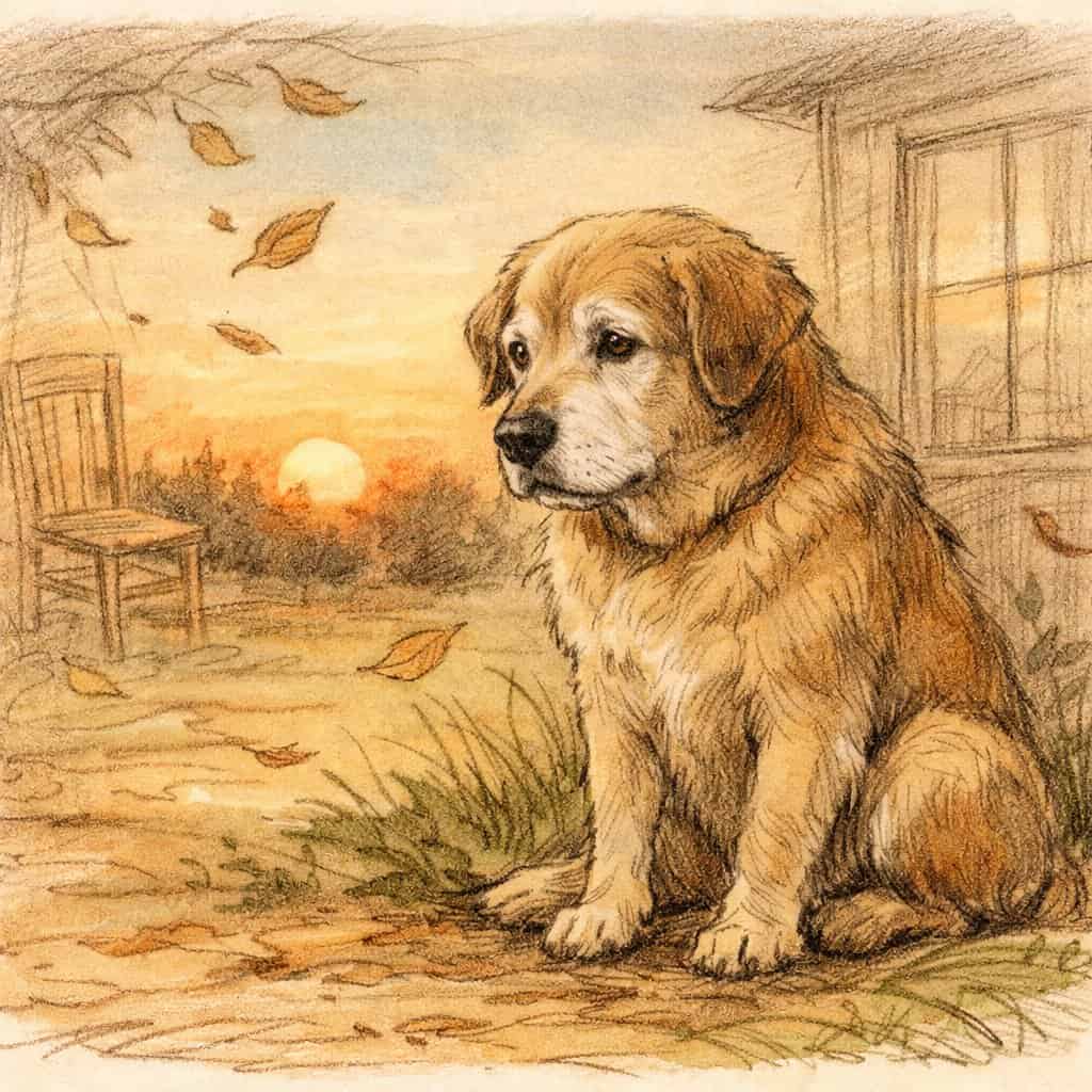 An elderly dog sitting alone quietly outdoors near trees and falling leaves, looking calm and thoughtful.