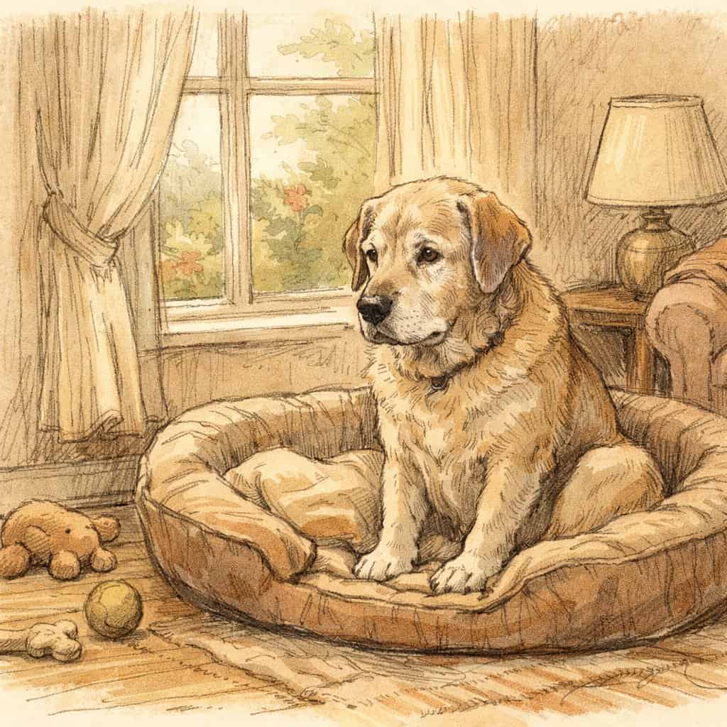A senior dog sitting quietly alone in a cozy corner of a living room, looking calm and peaceful with signs of aging.