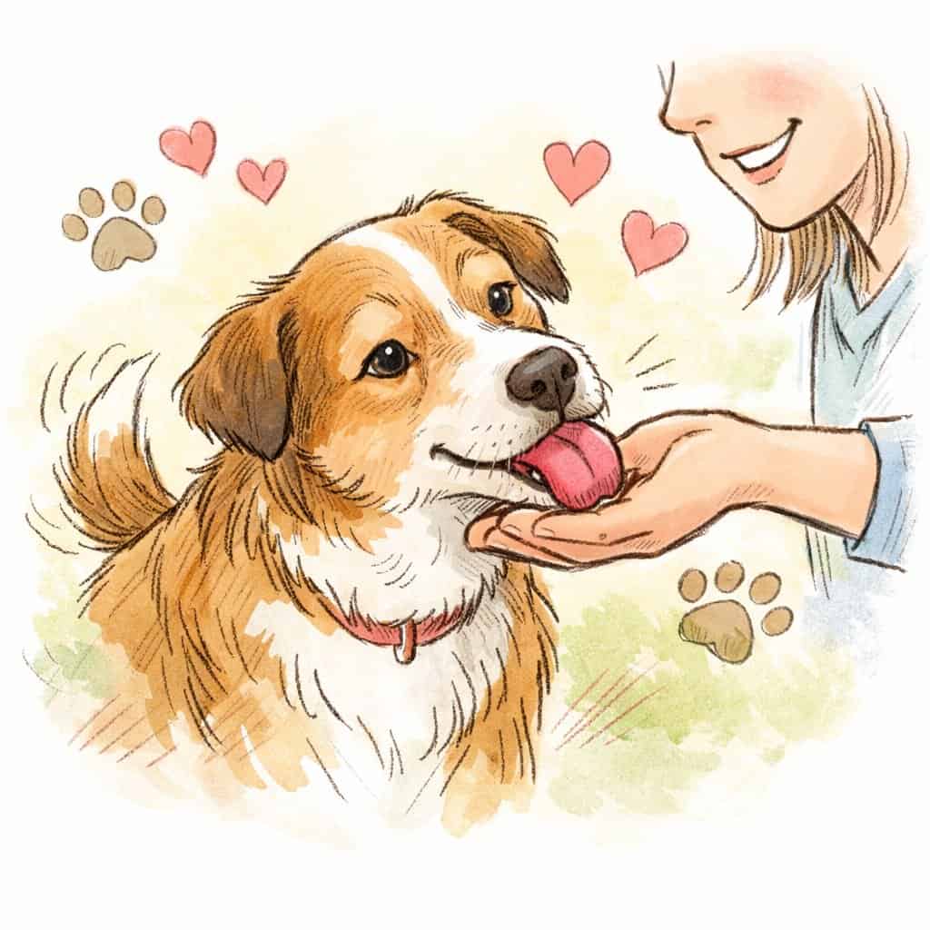 A dog licking a person's hand in a warm and affectionate interaction.