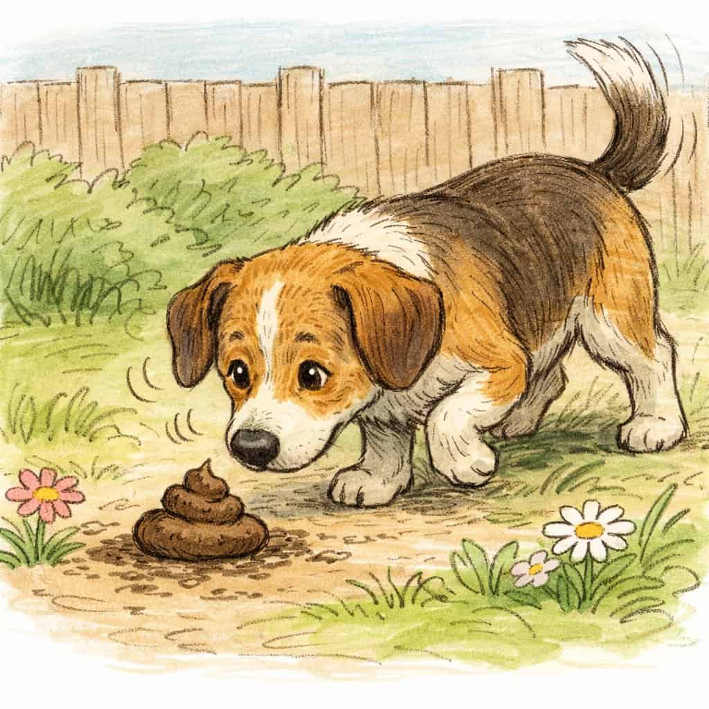 A dog sniffing a small pile of poop in a garden with grass, flowers, and a wooden fence in the background.