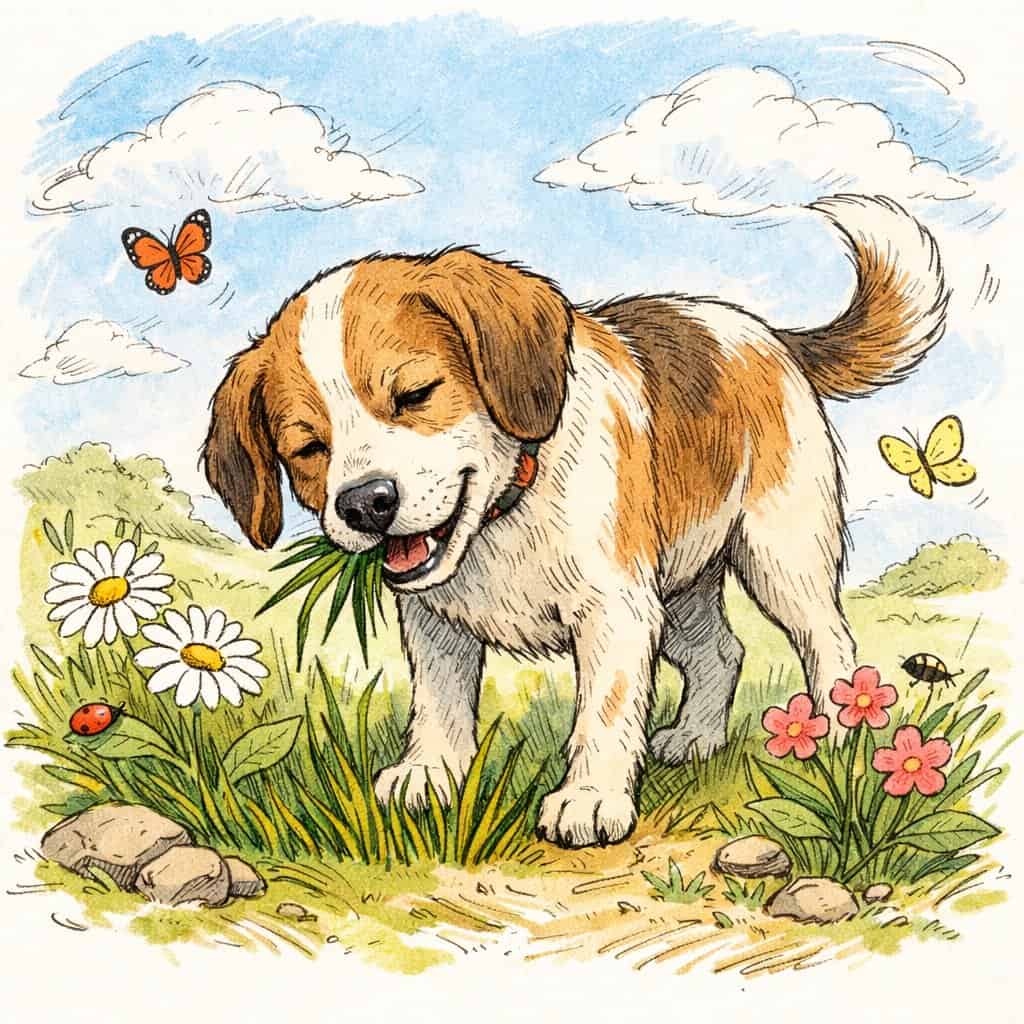 A dog nibbling on grass in a sunny grassy field with flowers and butterflies around.