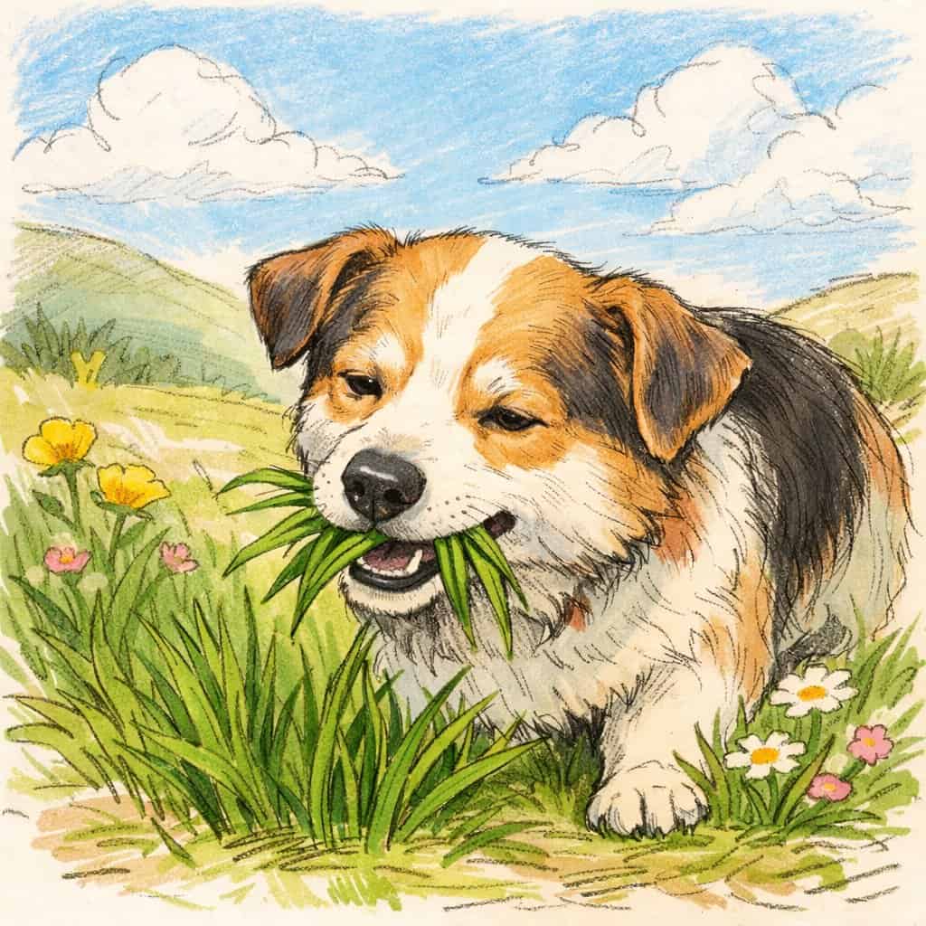 A dog gently eating grass in a grassy field with wildflowers and hills under a blue sky.