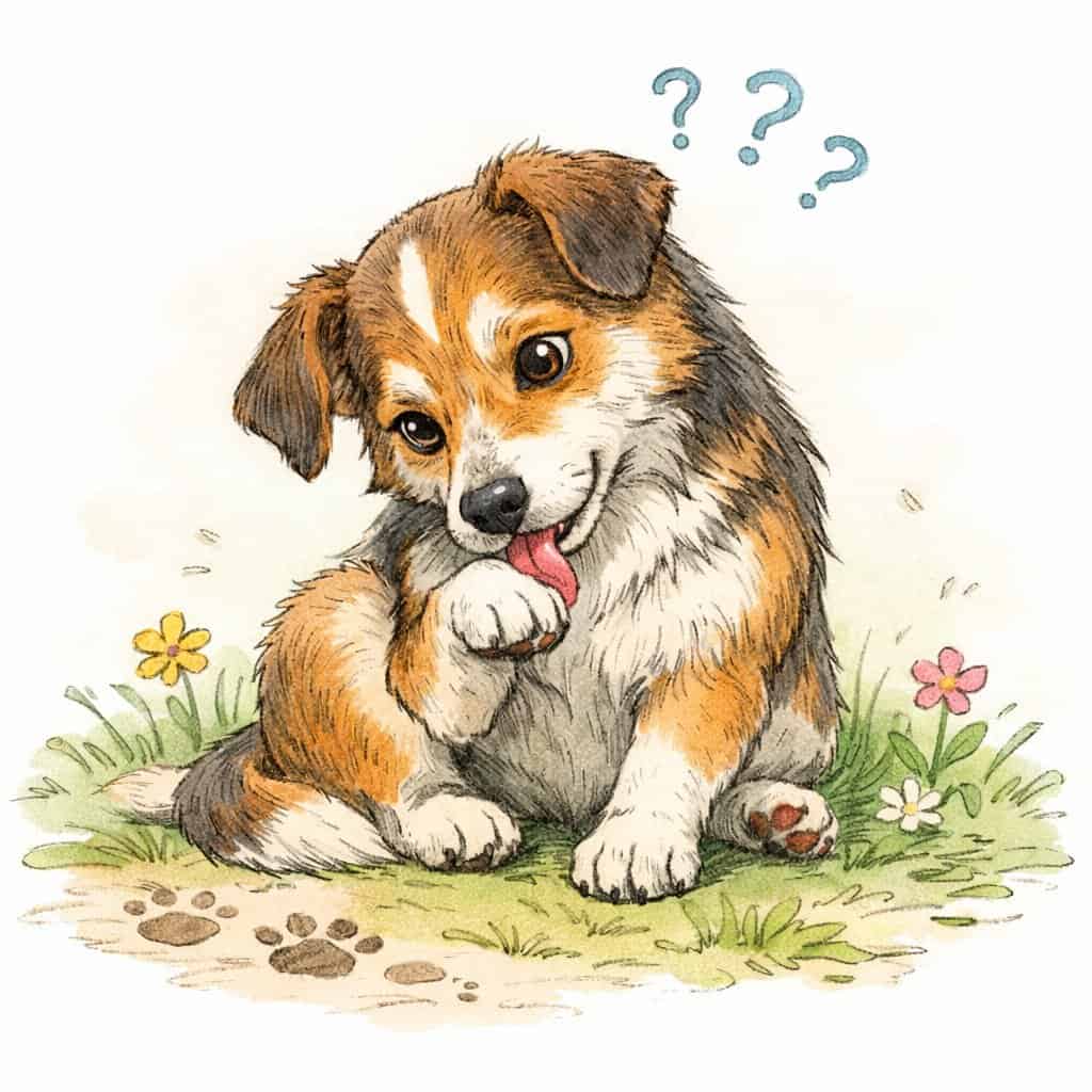 A dog sitting on grass, licking its front paw with small flowers and paw prints around.