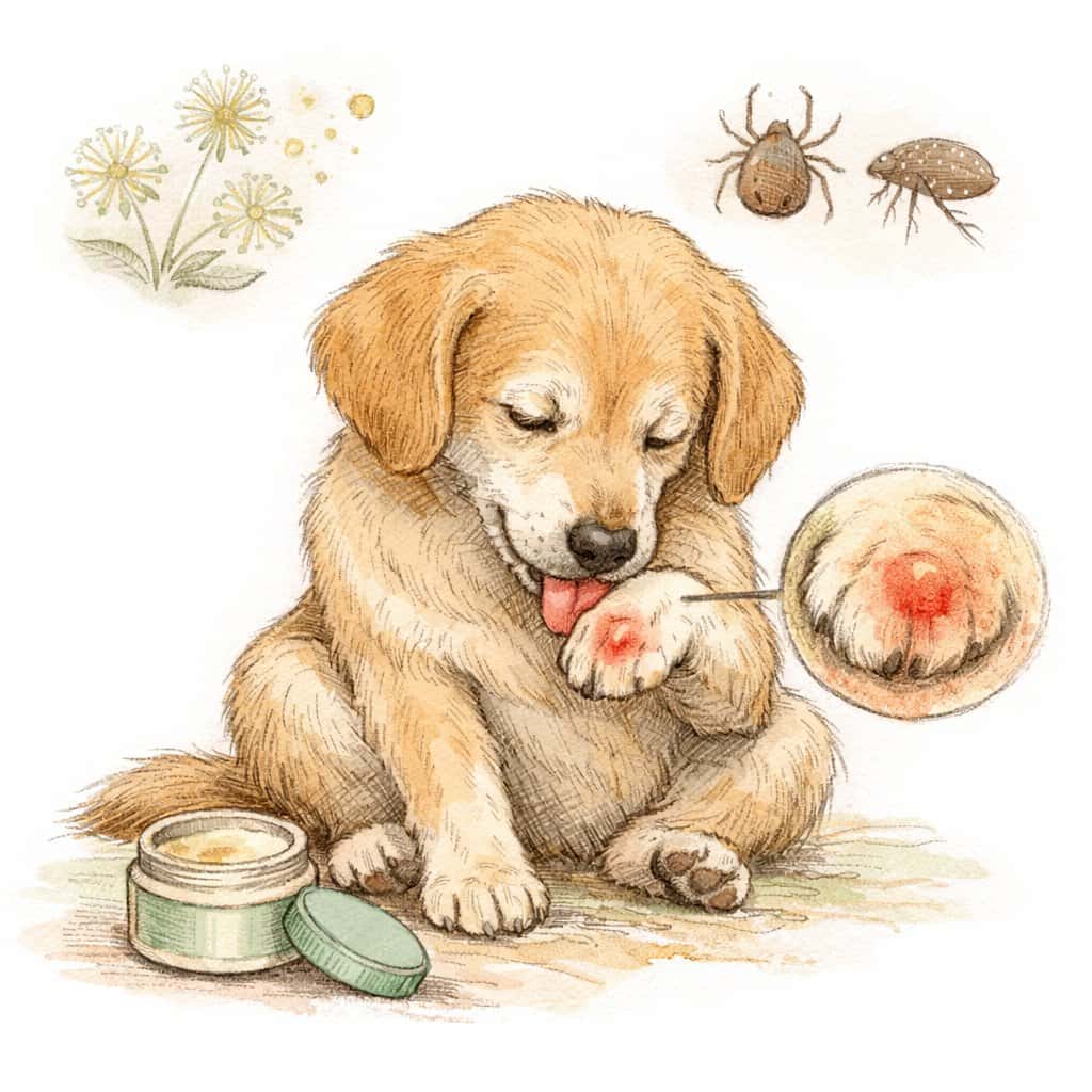 A dog sitting calmly while licking its paw, surrounded by subtle illustrations representing paw irritation, allergens, and flea presence.