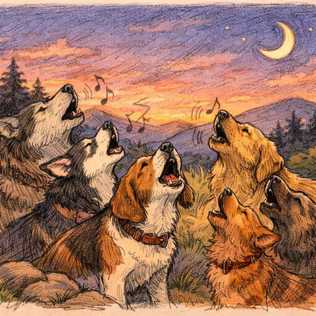 A group of dogs howling together outdoors at dusk with hills, trees, and a crescent moon in the background.