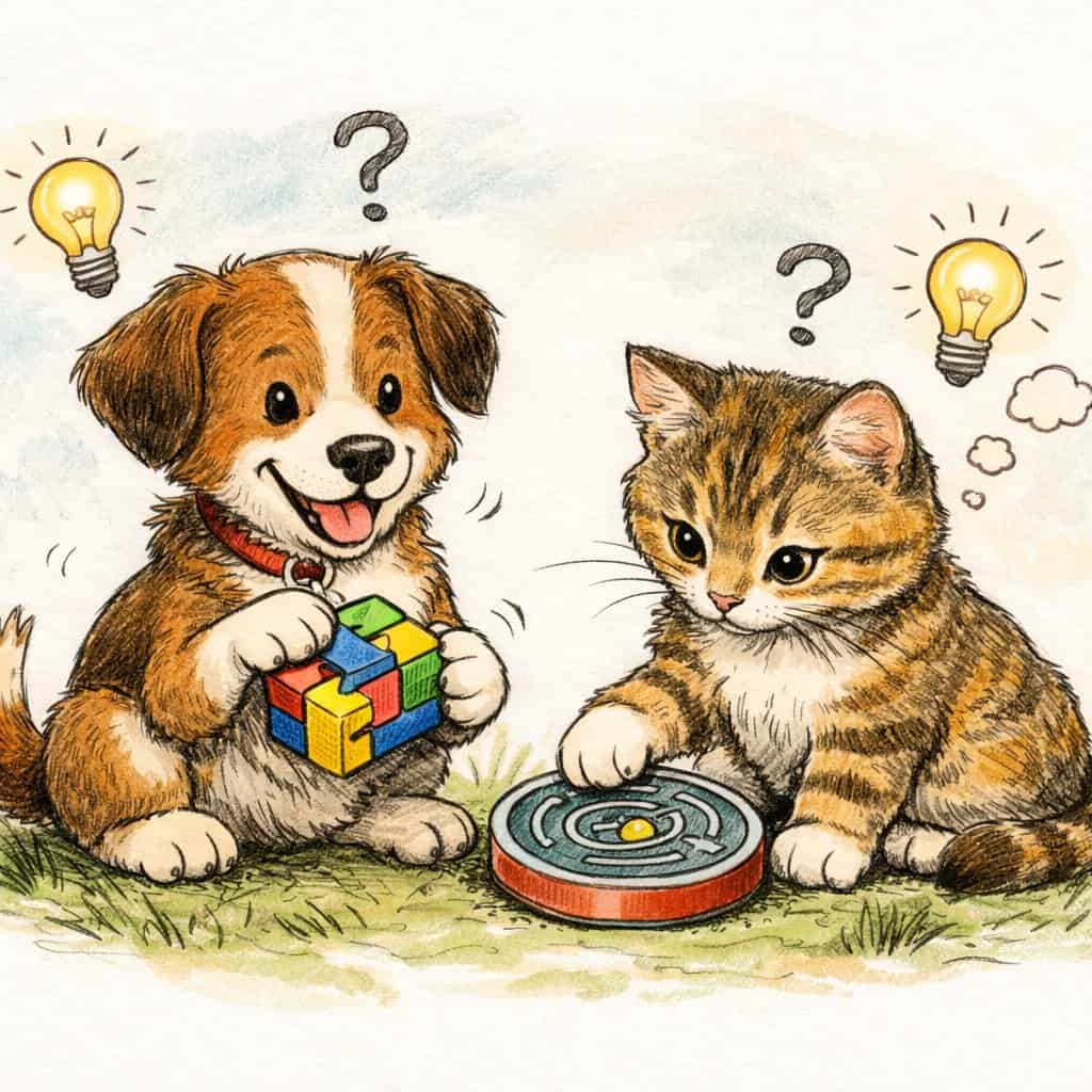 A dog and a cat sitting side by side, each interacting with a puzzle toy, symbolizing their intelligence.