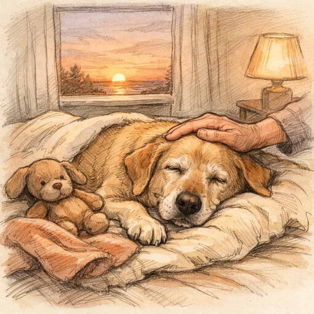 An elderly dog lying peacefully in a cozy room with a human hand resting gently on its head, next to a blanket and a toy, with a sunset visible through a window.