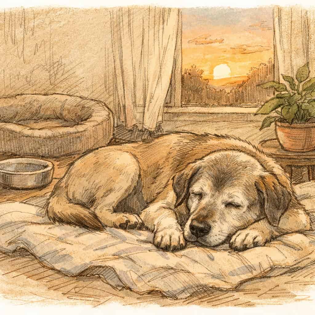 An elderly dog resting peacefully on a blanket in a cozy room with a window showing a warm sunset.