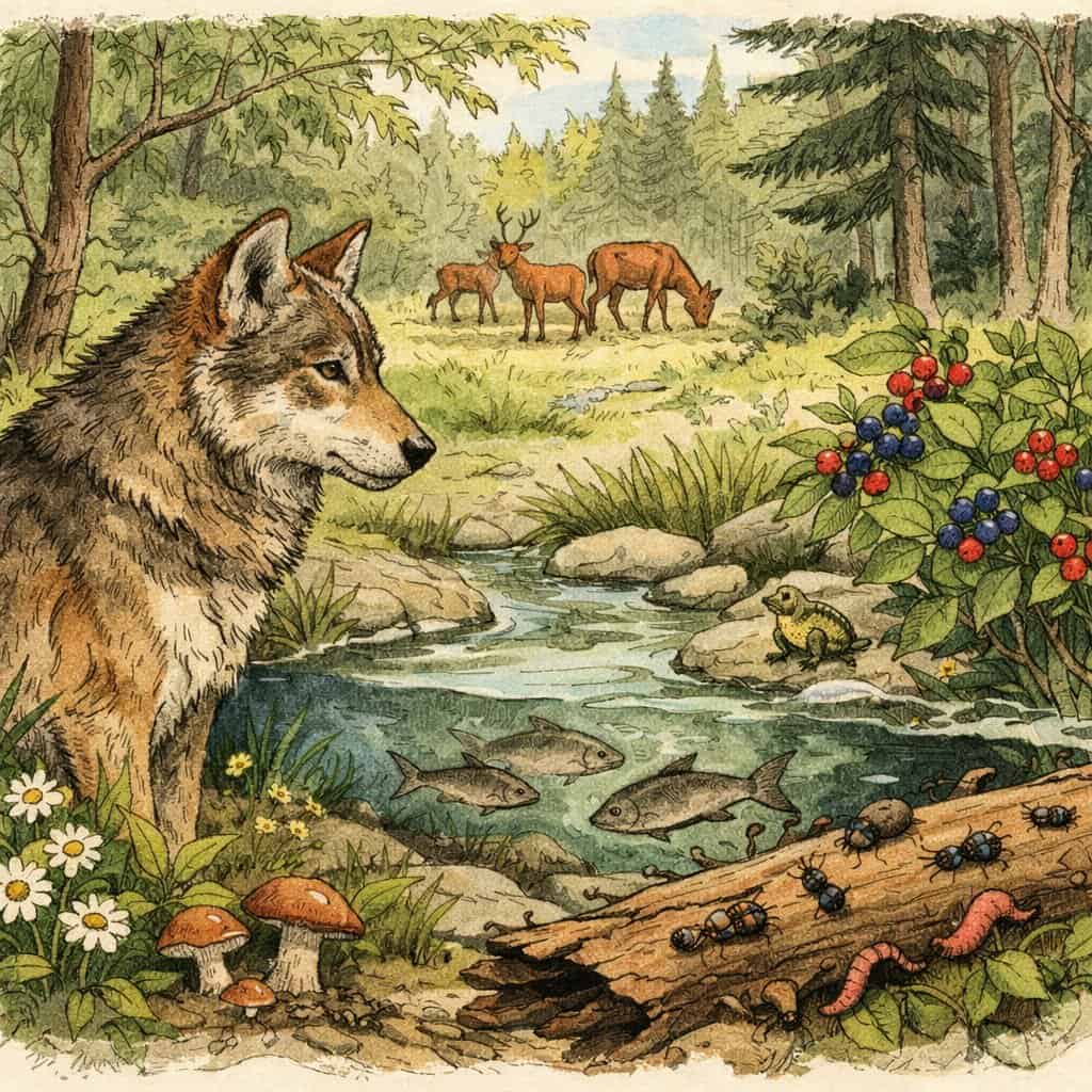 A wild dog in a forest surrounded by deer, berries, a stream with fish, and insects on a fallen log.