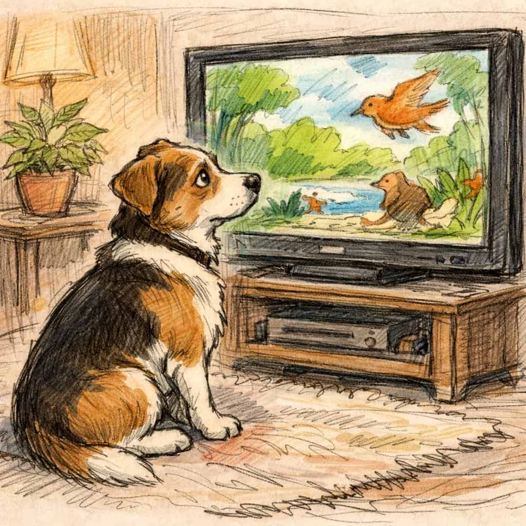 A dog sitting in a living room watching a colorful scene on a television screen.