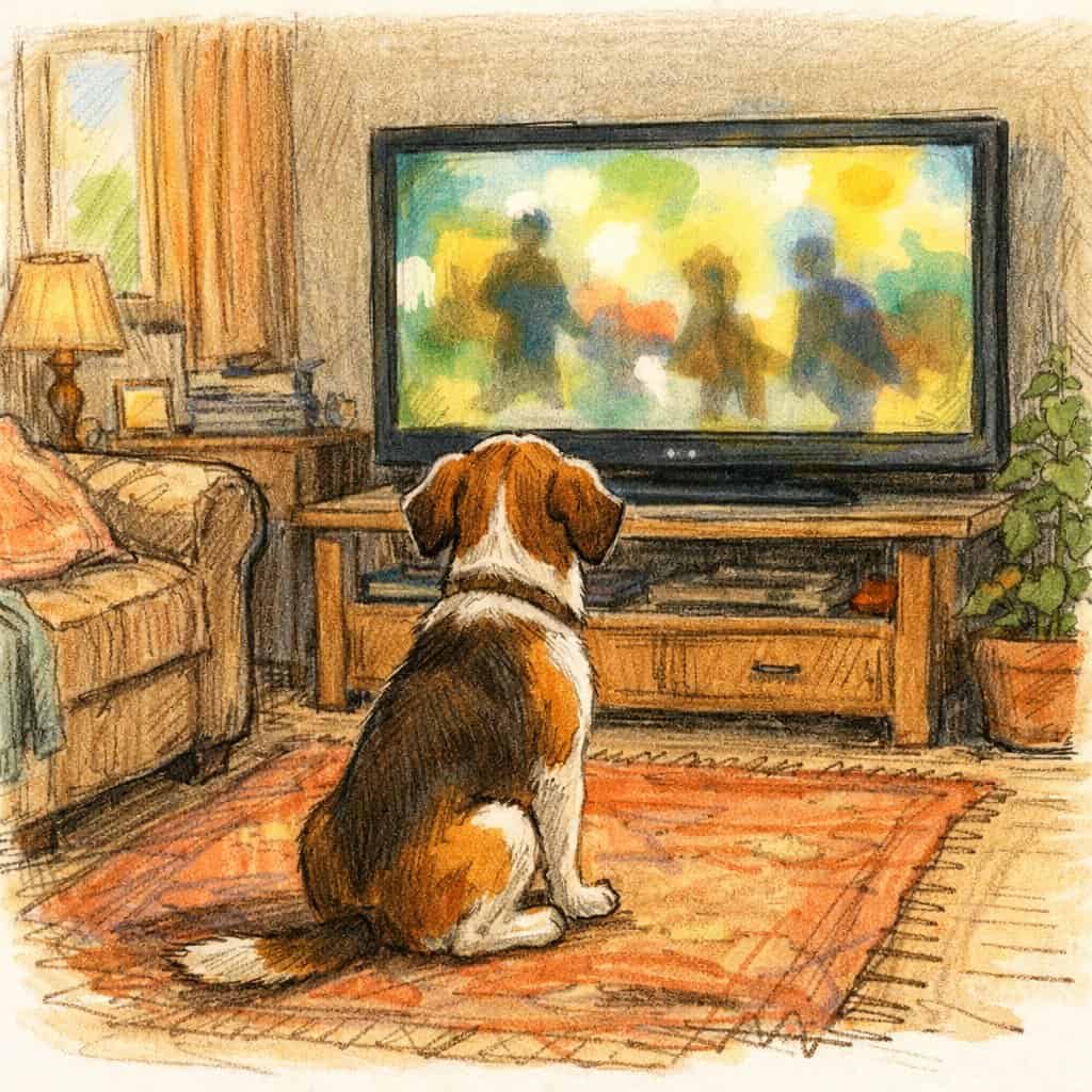 A dog sitting in front of a television screen in a cozy living room, looking attentively at the screen.
