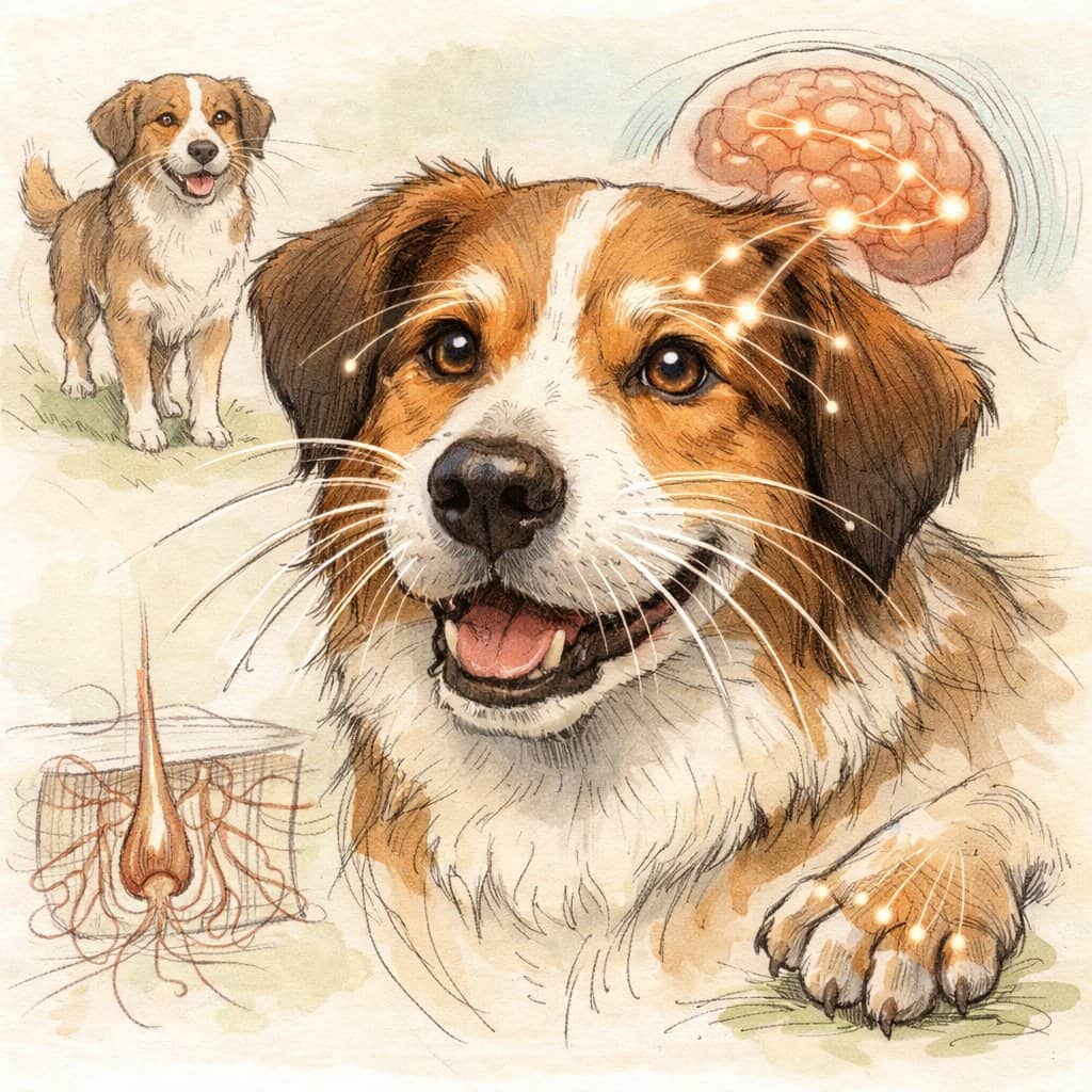 Close-up of a dog’s face showing its whiskers with faint lines suggesting sensory connections around its muzzle.