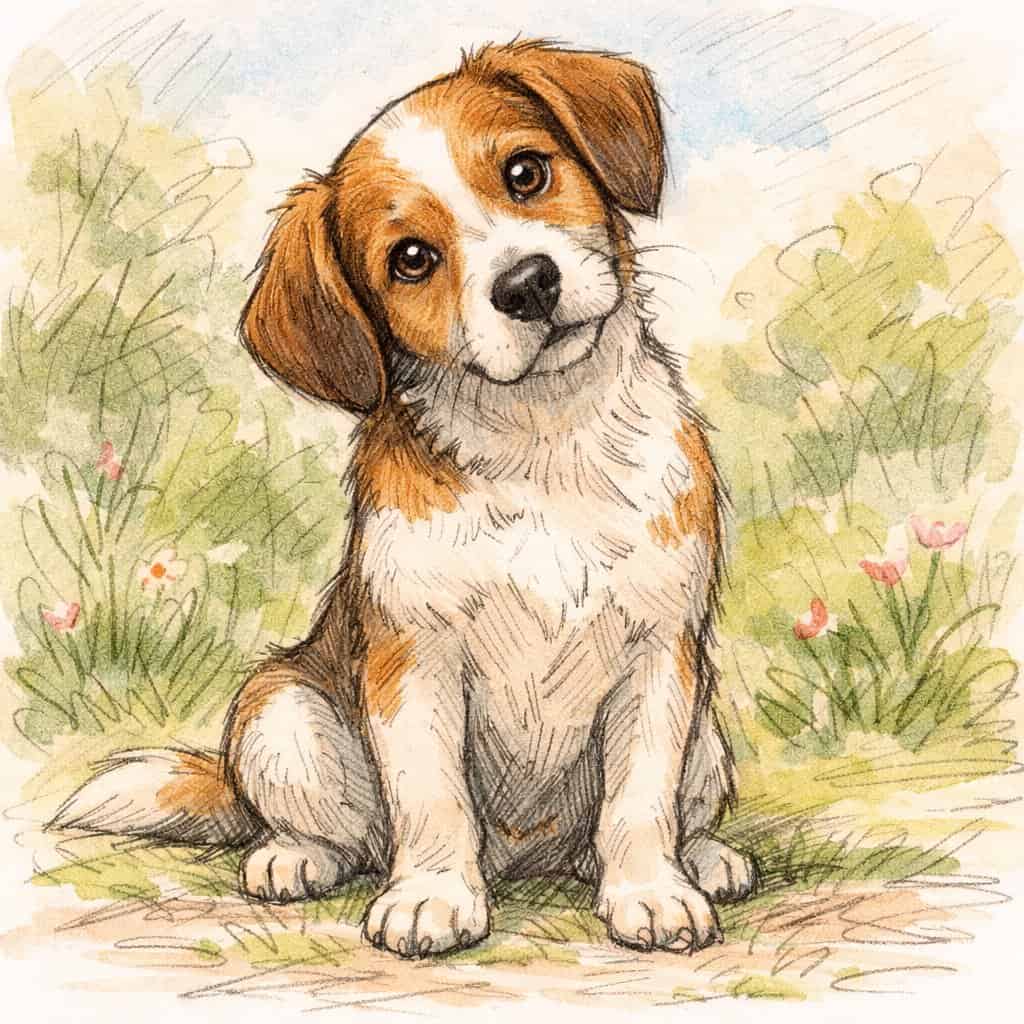 A dog tilting its head curiously while sitting outdoors surrounded by grass and flowers.