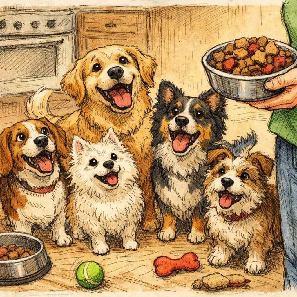 Several dogs of different breeds looking eagerly at a person holding a bowl of food in a cozy kitchen.