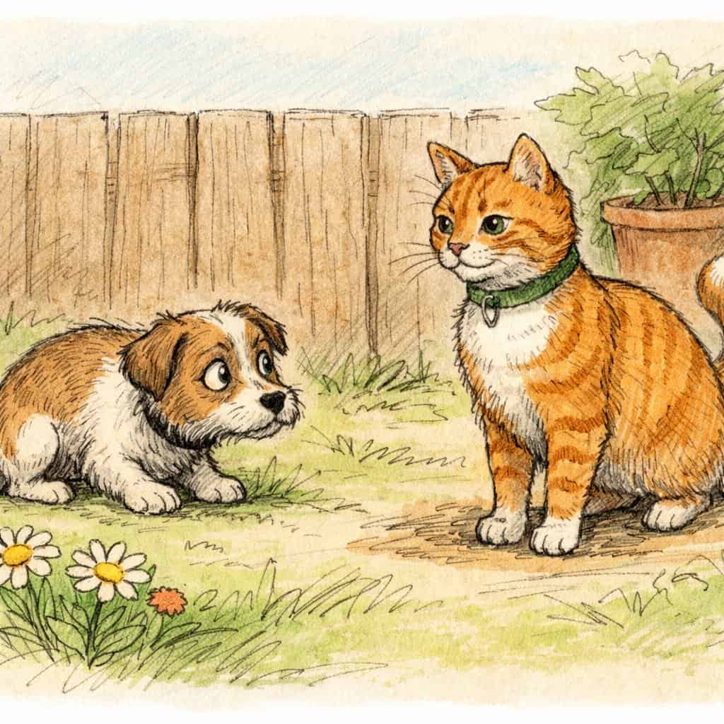 A small dog looking nervously at a confident cat in a backyard with grass and a wooden fence.