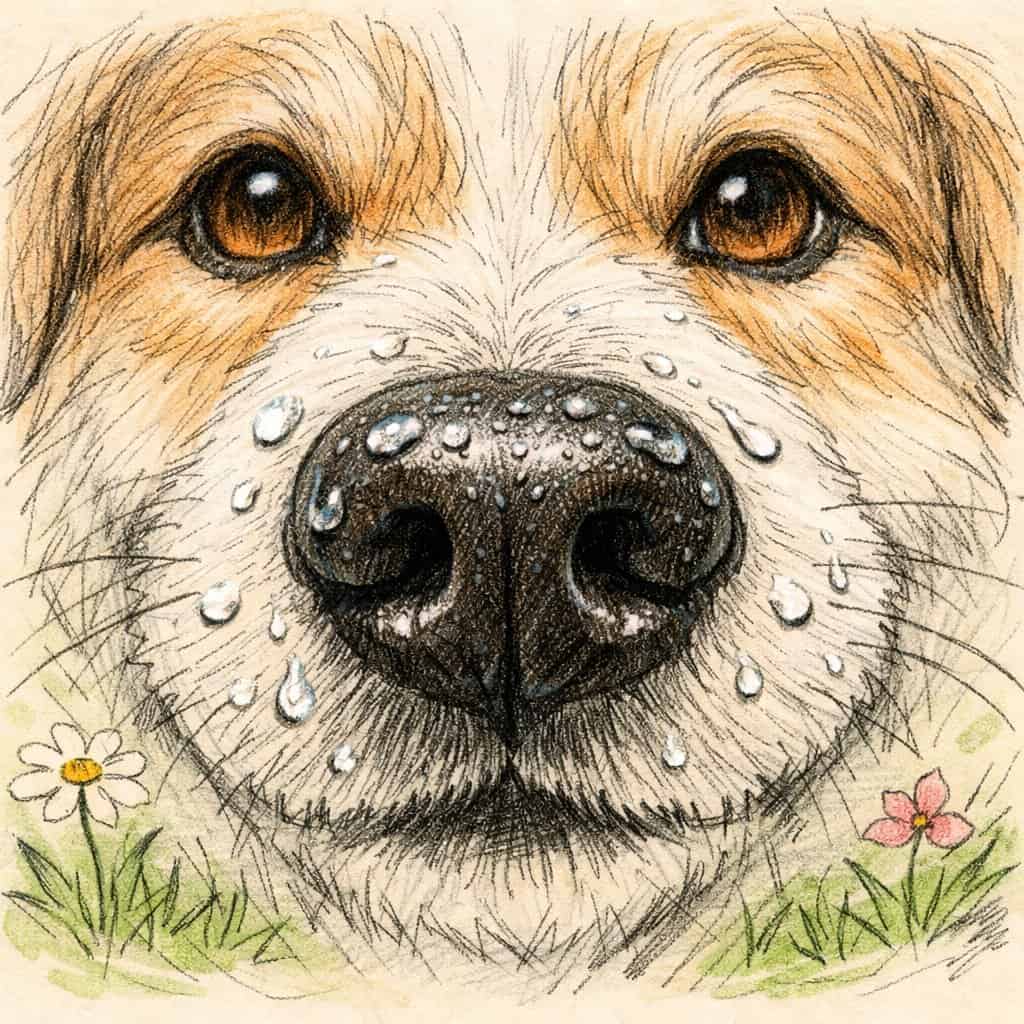 Close-up illustration of a dog's wet nose with droplets, surrounded by a natural outdoor background with grass and flowers.