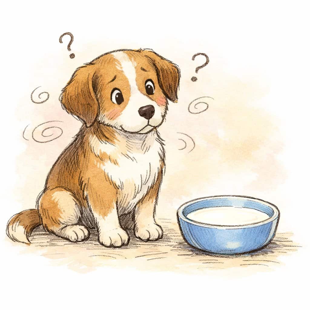 A dog sitting next to a bowl of milk looking curious and slightly concerned.
