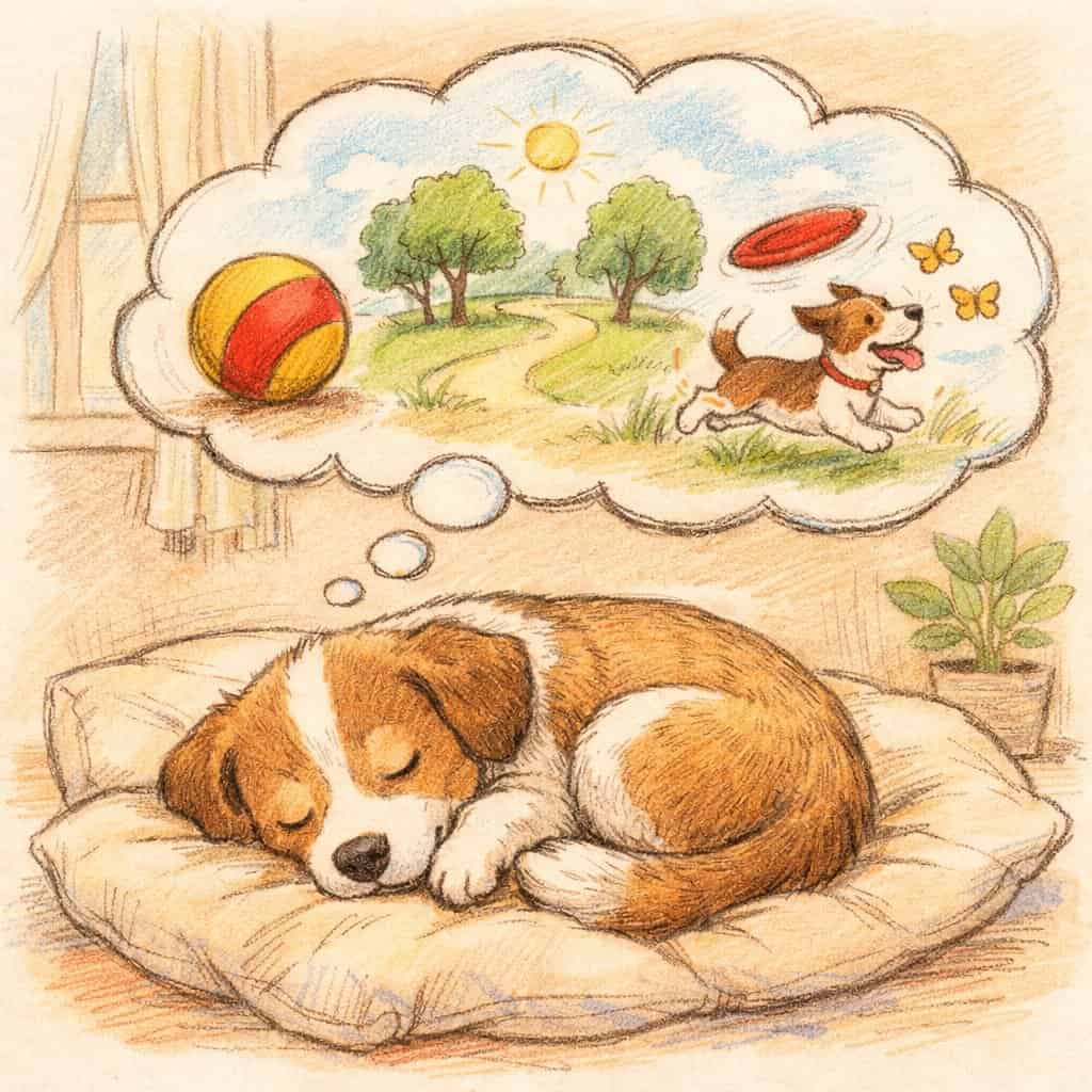 A dog sleeping peacefully with a thought bubble above its head showing playful scenes of a park, a ball, a frisbee, and butterflies.