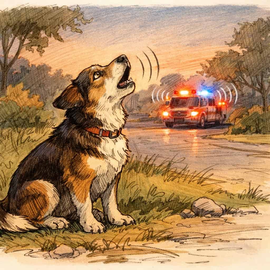 A dog sitting on grass howling towards a distant emergency vehicle with flashing lights on a quiet suburban street.