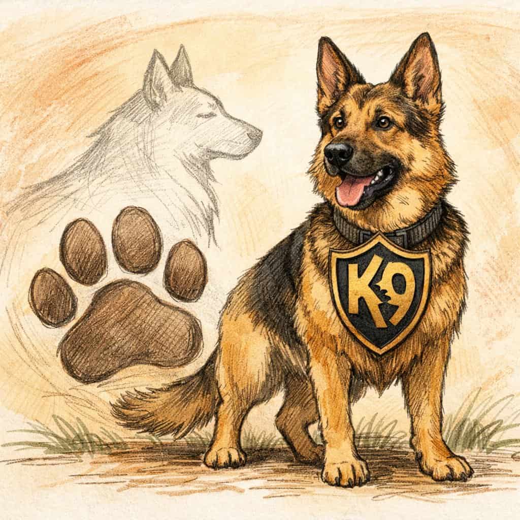 A proud dog wearing a badge with the letters K9, standing next to a paw print and a canine silhouette.