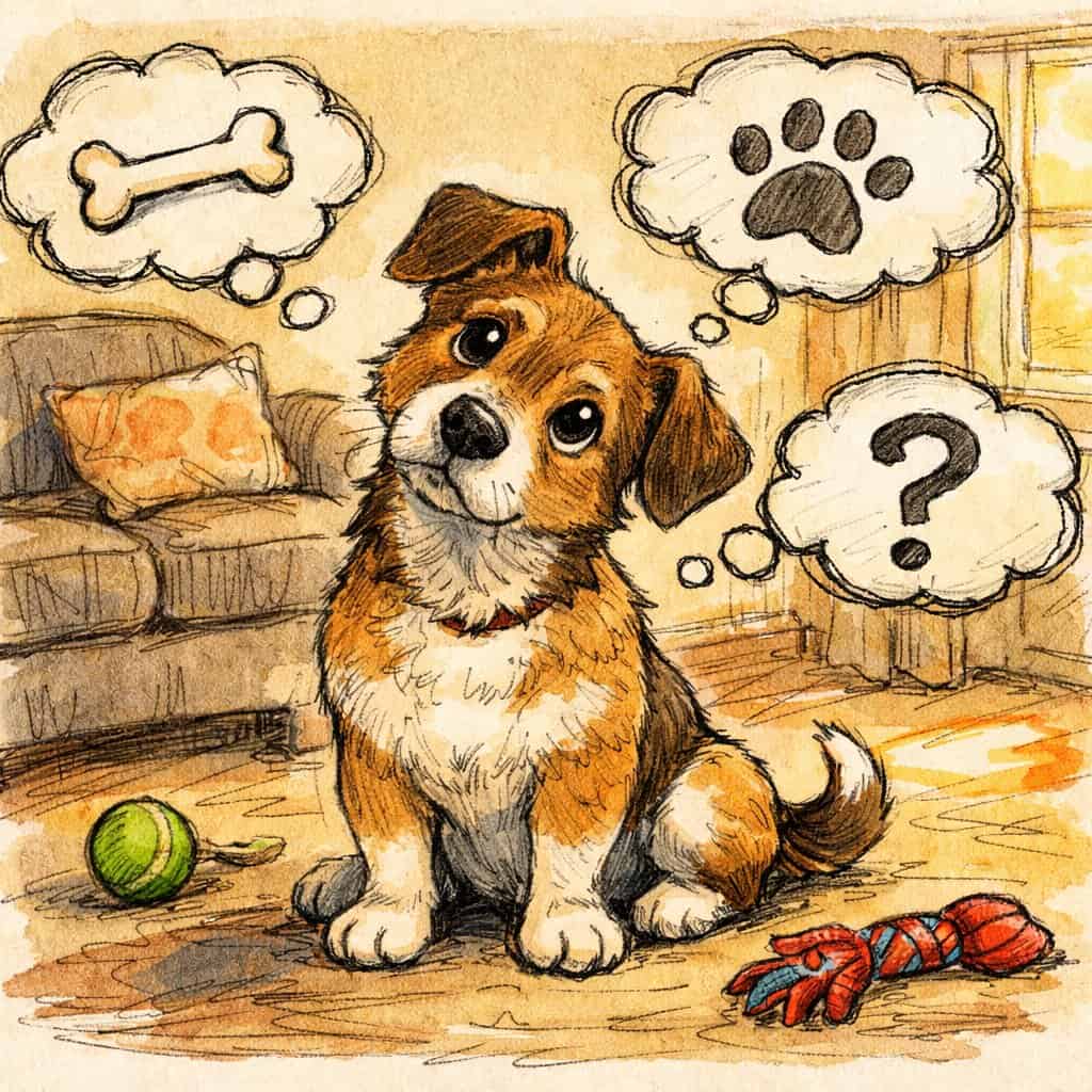 A dog sitting indoors with its head tilted, surrounded by thought bubbles containing symbols like a bone and a question mark.