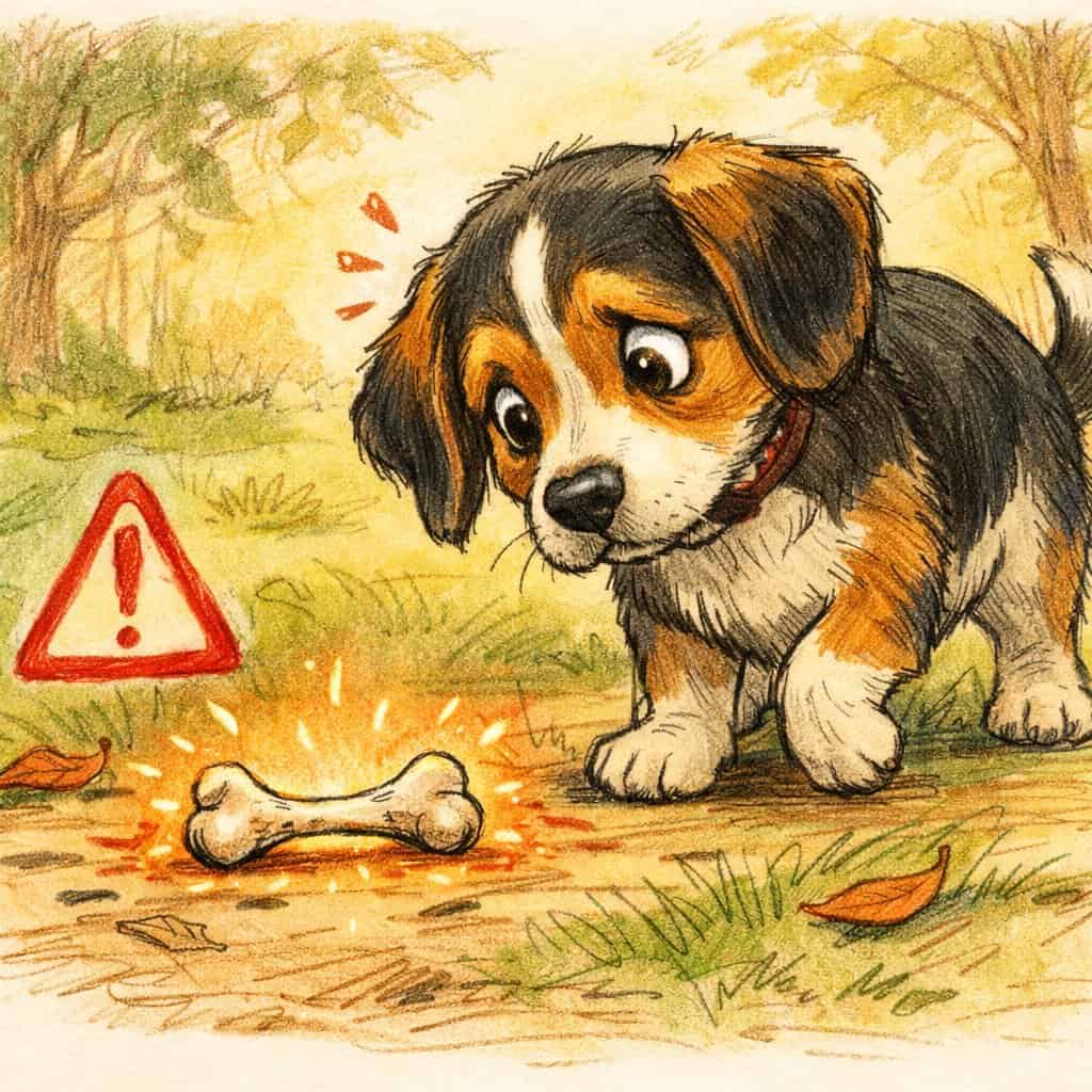 A dog looks cautiously at a chicken bone on the ground in a park-like setting.