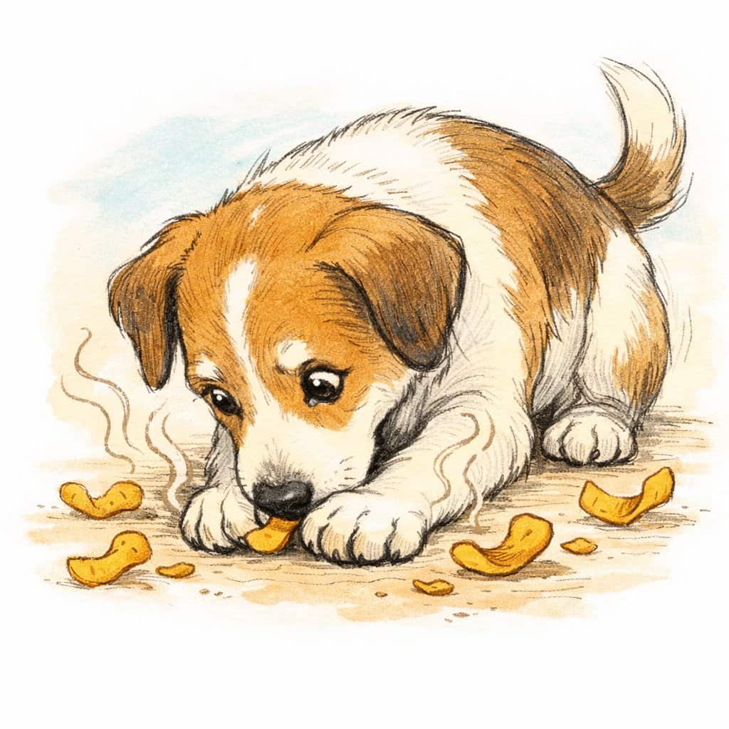 A dog sniffing its paws with small corn chip shapes and scent lines around it.