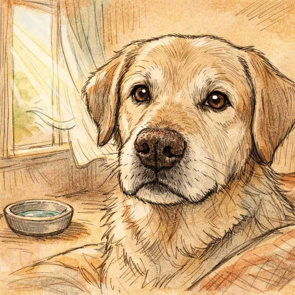 A close-up of a dog sitting indoors with a dry nose, surrounded by a water bowl, sunlight, and a gentle breeze.