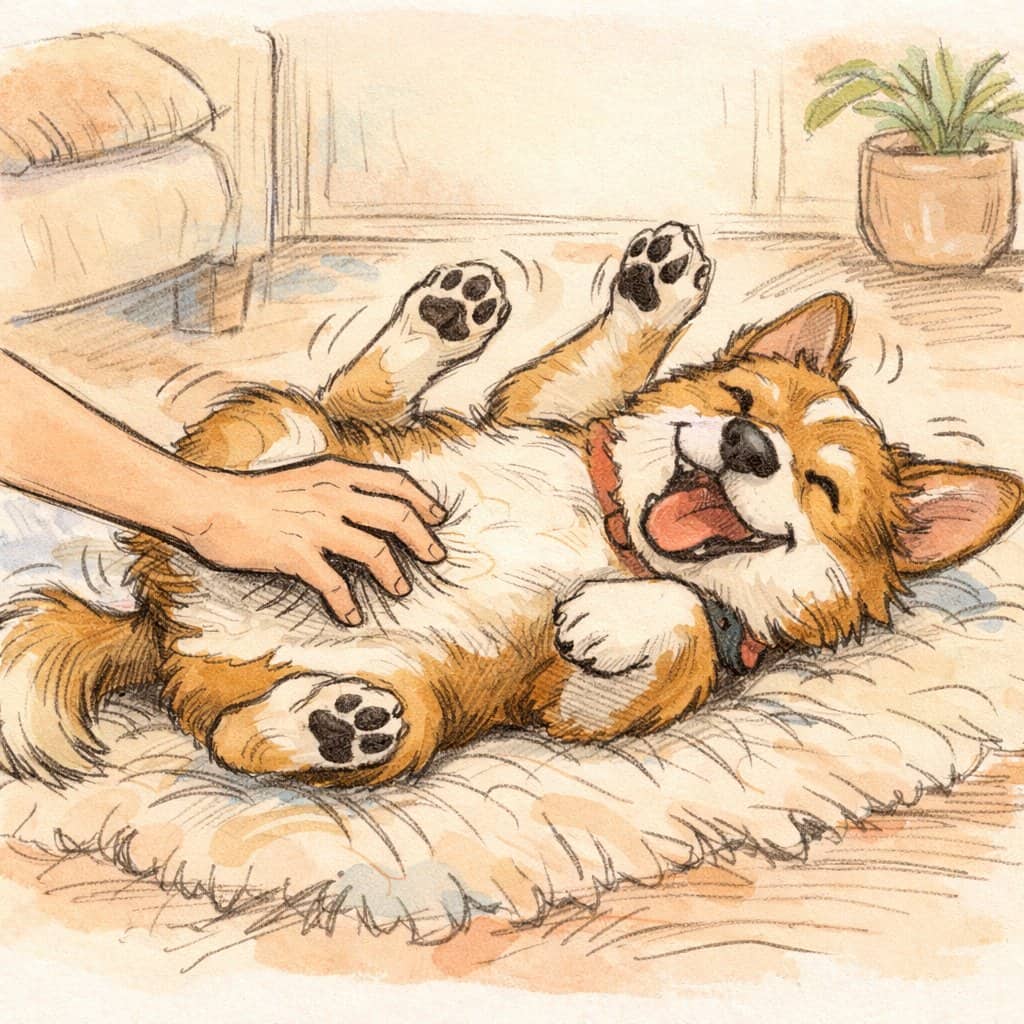 A happy dog lying on its back while a person gently tickles its belly in a cozy indoor setting.