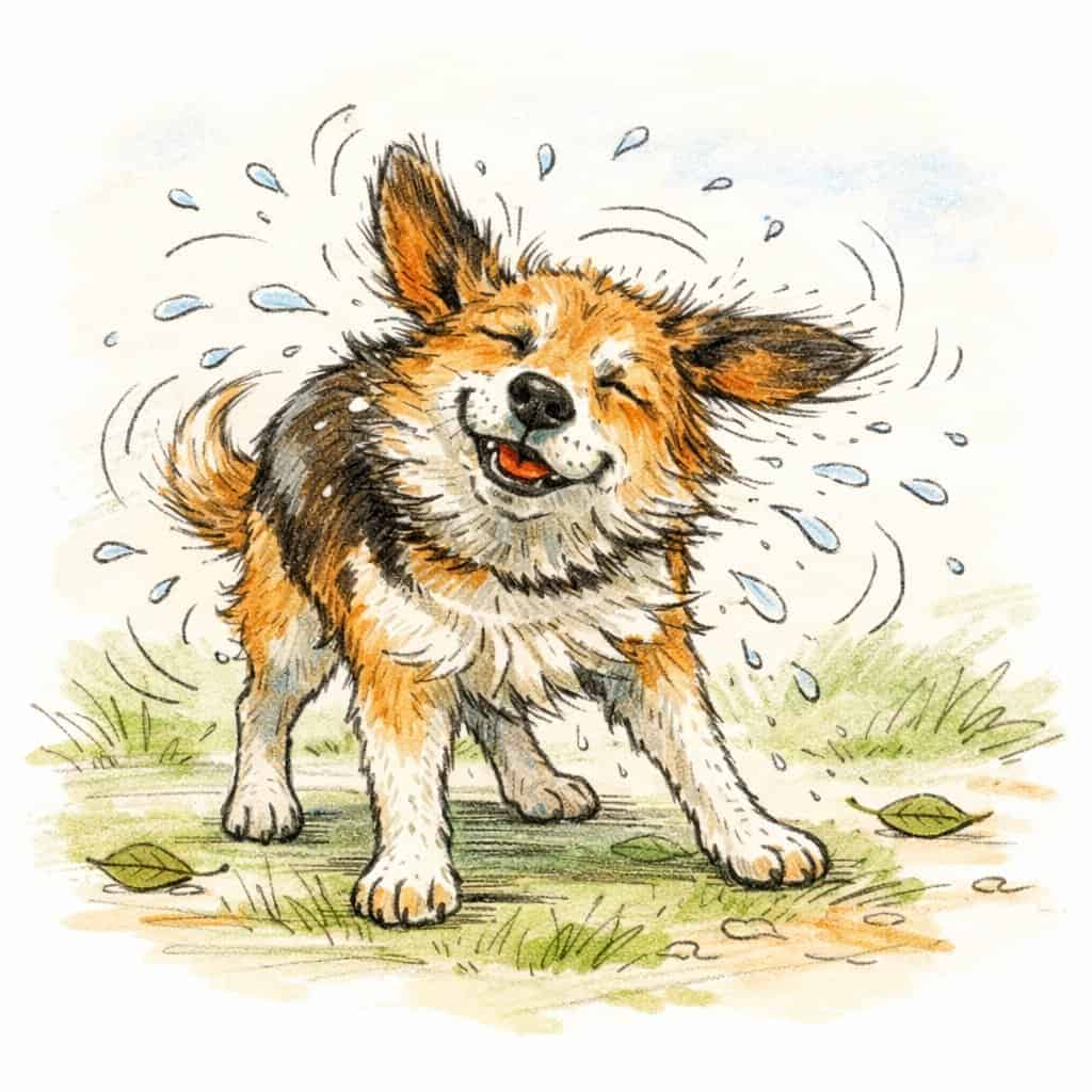A medium-sized dog shaking its body outdoors with water droplets and motion lines around it.