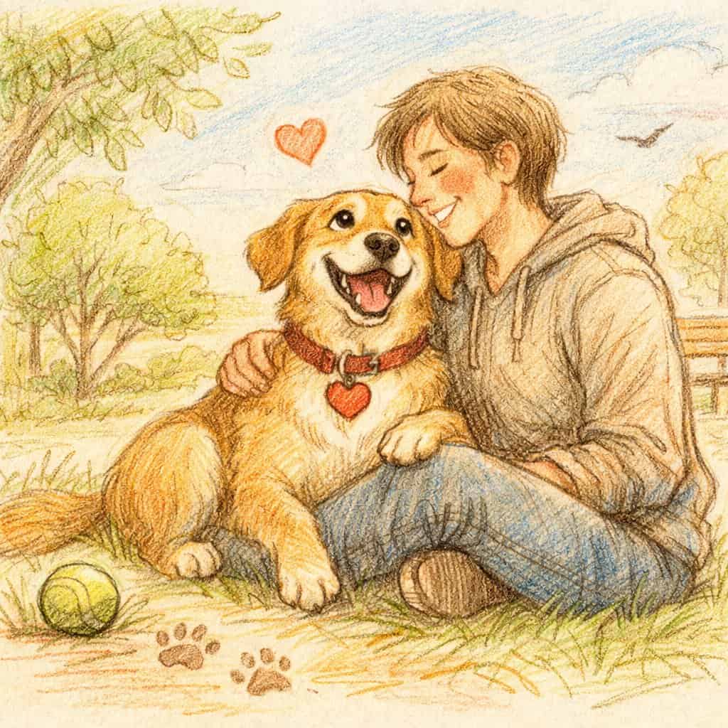 A person sitting in a park with a happy dog close by, sharing a moment of companionship and trust.